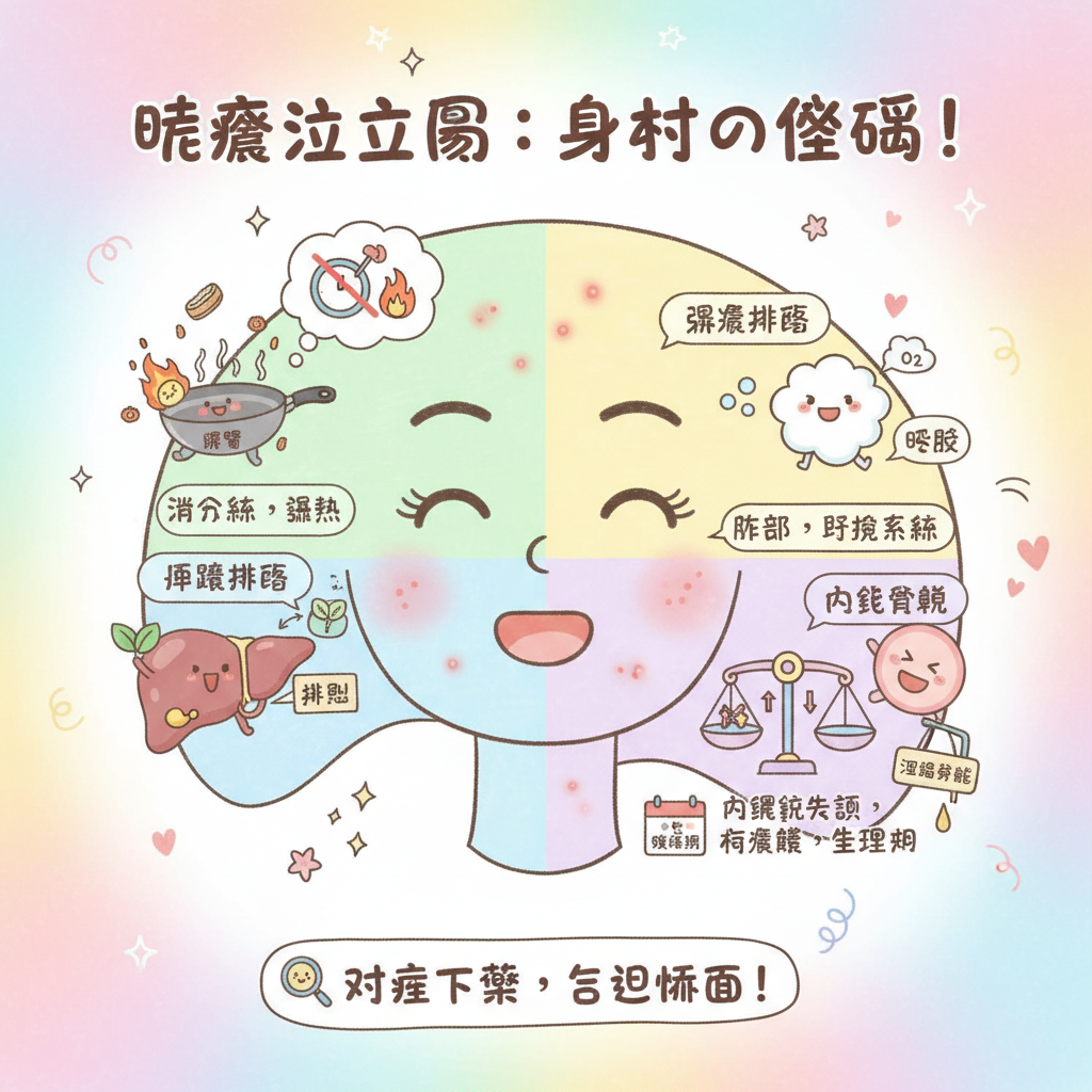 中醫理論毛孔堵塞血液循環中醫護膚品荷爾蒙失調食療內分泌失調消化系統臟腑生活習慣暗瘡位置水油平衡身體警號飲食調理暗瘡成因排毒功能皮膚問題內在調理油脂分泌